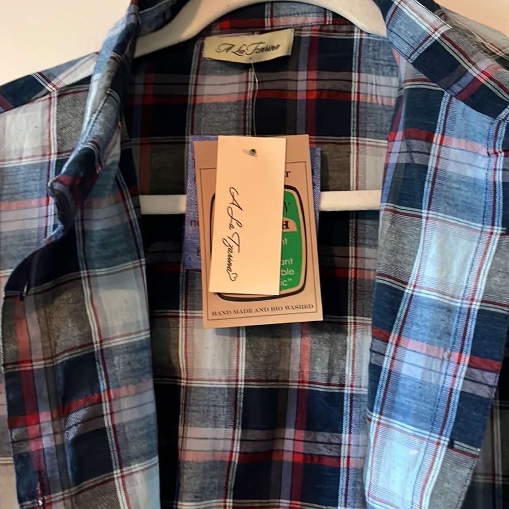 Madras, long shirt,long sleeve mainly blue with some red, A La Tzarina 1XL new